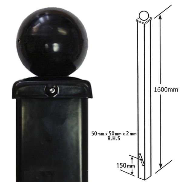 Square Ball Top Concrete-In Blank Post, Any Low Gates - Solid Steel - L50 x W50 x H1600 mm - Electro Galv./Black Powder Coated