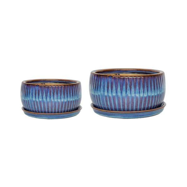 Round Reactive Glaze Bonsai Planter Set of 2 - Cement - L24.5 x W24.5 x H12 cm - Sapphire