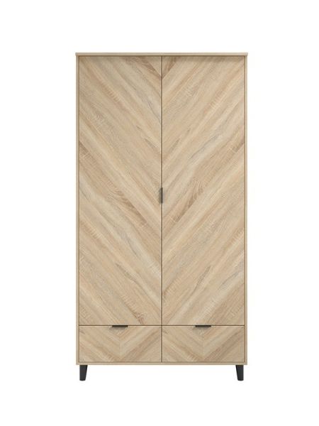 Stockholm Chevron 2 Door Wardrobe - Engineered Wood - L58 x W100 x H190 cm - Sonoma Oak/Black Matte