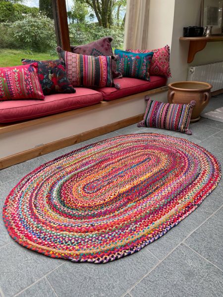 SUNDAR Oval Rug Braided with Recycled Fabric - L60 x W90 - Multicolour