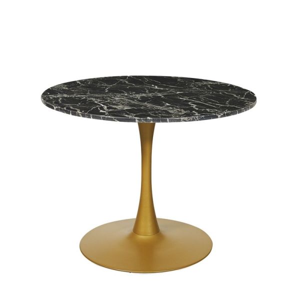 Mmilo Modern 100 cm Round Artificial Dining Table with Gold Base - Marble - L100 x W100 x H75 cm - Black