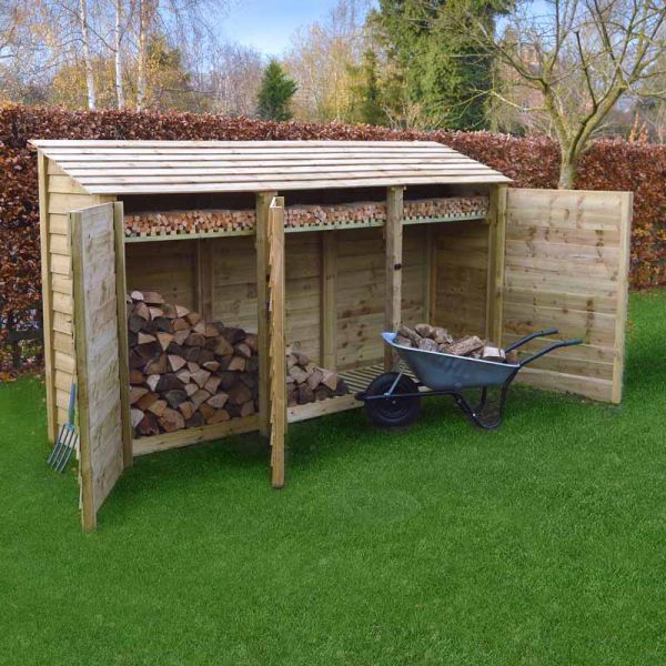 Empingham 6ft Log Store with Doors and Kindling Shelf - L80 x W340 x H181 cm - Light Green