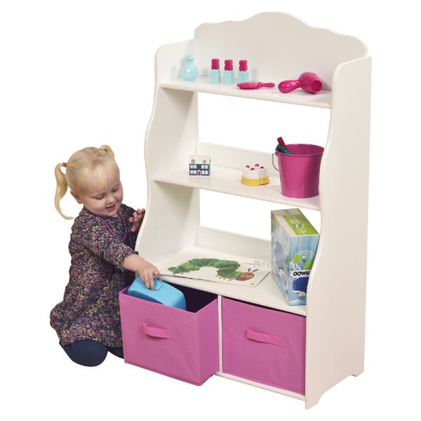 White Bookshelf with Pink Bins