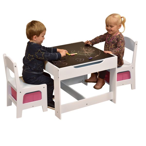 White Table and Chair Set with Pink Bins