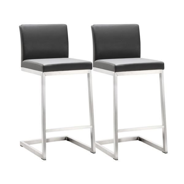 Parma Counter Stool - Set of 2 - Stainless Steel/Vegan Leather - L50.8 x W40 x H91.9 cm - Grey