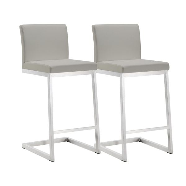 Parma Counter Stool - Set of 2 - Stainless Steel/Vegan Leather - L50.8 x W40 x H91.9 cm - Light Grey