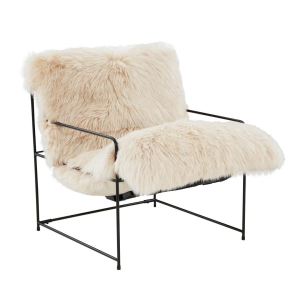 Kimi Natural Genuine Chair - Iron/Sheepskin/Wood - L83.8 x W68.6 x H88.9 cm - Brown/Black