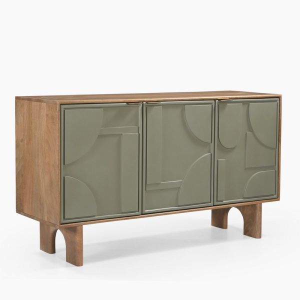 Pixel Three Door Cabinet - Mango Wood/MDF - L145 x W45 x H80 cm - Sage Green/Walnut