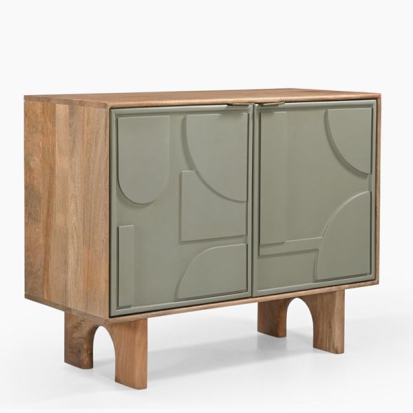 Pixel Two Door Cabinet - Mango Wood/MDF - L100 x W45 x H80 cm - Sage Green/Walnut
