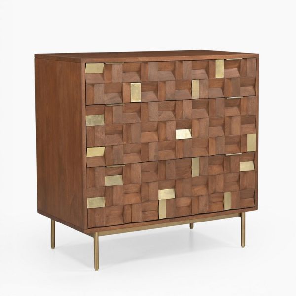 Lester Three Chest of Drawers - Mango Wood/MDF/Metal - L84 x W45 x H83 cm - Walnut/Gold
