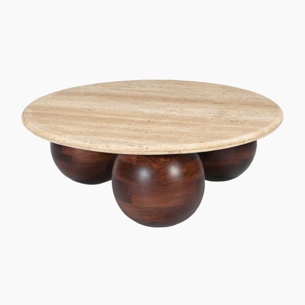 Chloe Travertine Top Coffee Table - Acacia Wood - L100 x W100 x H36 cm - Beige/Brown
