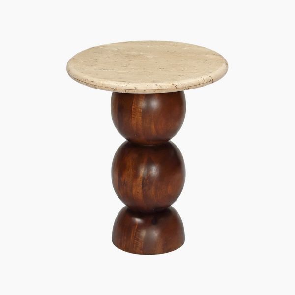 Orbit Travertine Top End Table - Acacia Wood - L45 x W45 x H54 cm - Beige/Brown