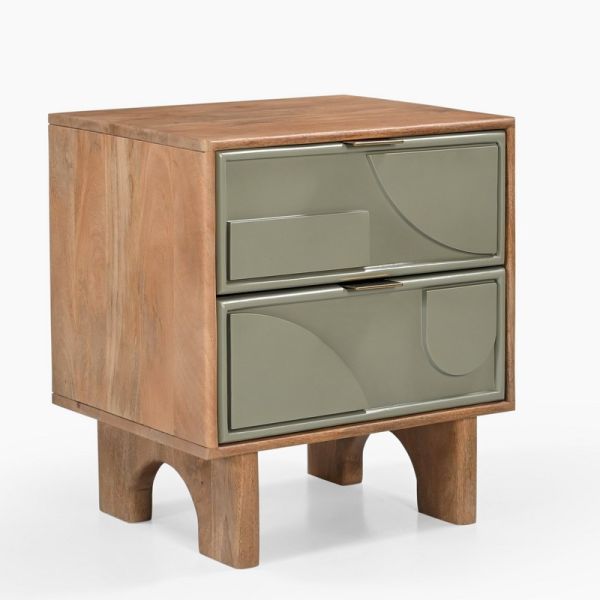 Pixel Two Drawer Side Table - Mango Wood/MDF - L50 x W40 x H55 cm - Sage Green/Walnut