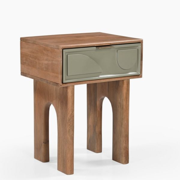 Pixel One Drawer Side Table - Mango Wood/MDF - L42 x W35 x H55 cm - Sage Green/Walnut