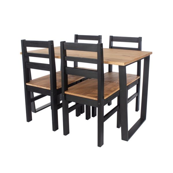 Texas Rectangular Dining Table with Metal Legs and 4 Linea Ladder Back Chairs - Black/Antique Waxed Pine - Flat Packed