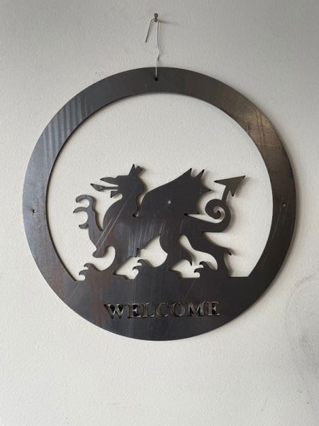 Welsh Dragon Wall Art - Large With Text - Steel - W49.5 x H49.5 cm - Bare Metal/Ready to Rust