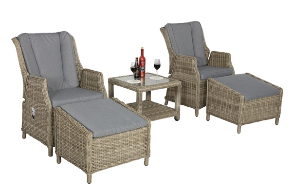 Wentworth 5 Pc Deluxe Gas Reclining Chair Set - Synthetic Rattan - H45 x W60 x L60 cm - Beige