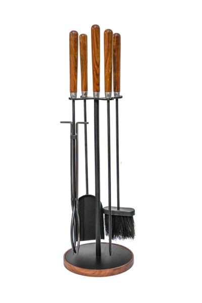 Wooden Handle Round Fireside Companion Set - Iron - L24 x W24 x H73 cm - Brown